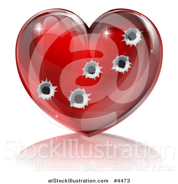 Vector Illustration of a 3d Glossy Red Heart with Bullet Holes