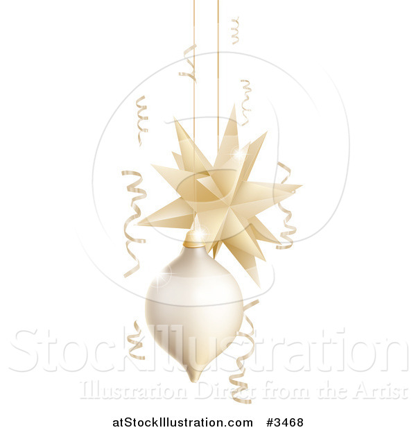 Vector Illustration of a 3d Gold and White Christmas Ornaments and Ribbons