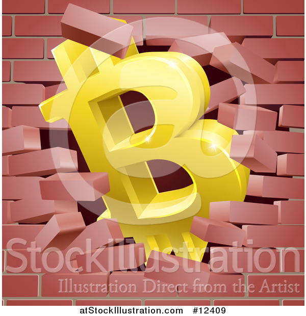 Vector Illustration of a 3d Gold Bitcoin Currency Symbol Breaking Through a Brick Wall