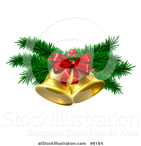 Vector Illustration of a 3d Gold Christmas Bells with Branches and Bow