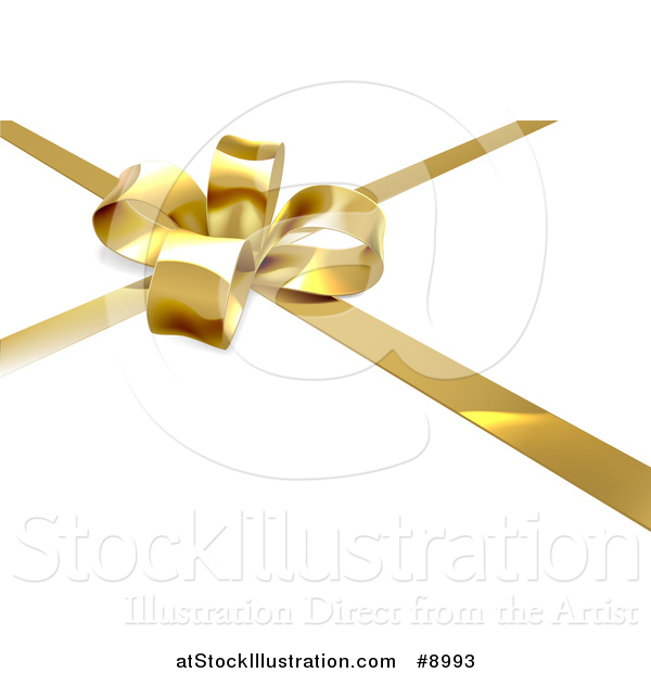 Vector Illustration of a 3d Gold Christmas, Birthday or Other Holiday Bow and Ribbon on a Gift, over Shaded White