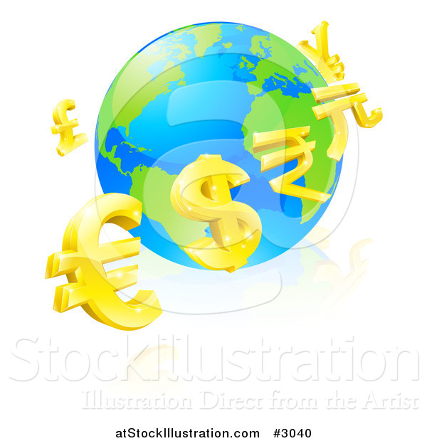 Vector Illustration of a 3d Gold Currency Signs Floating Around a Globe