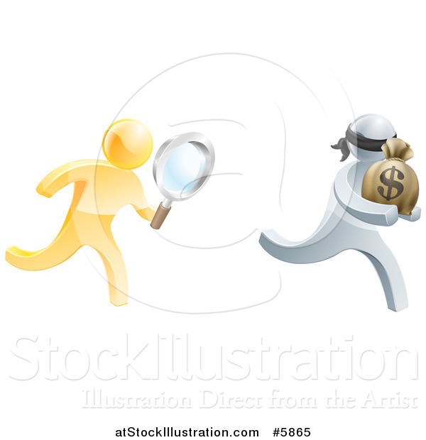 Vector Illustration of a 3d Gold Detective with a Magnifying Glass, Chasing a Silver Robber