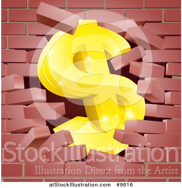 Vector Illustration of a 3d Gold Dollar Currency Symbol Breaking Through a Red Brick Wall