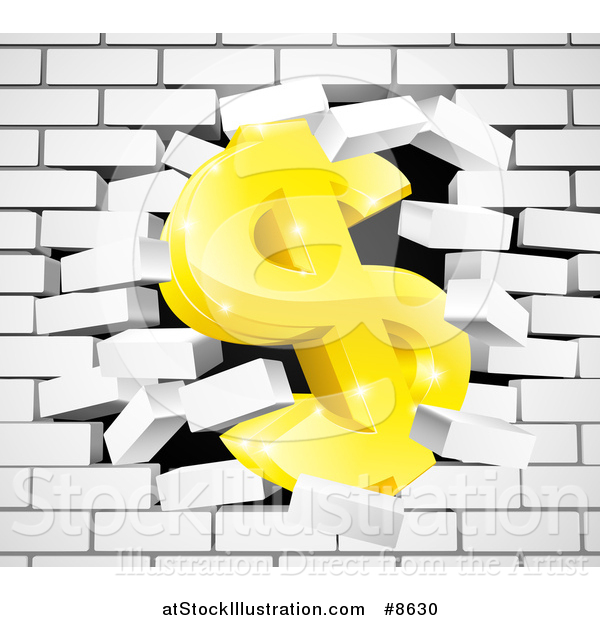 Vector Illustration of a 3d Gold Dollar Currency Symbol Breaking Through a White Brick Wall
