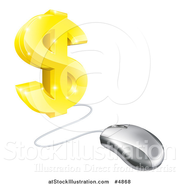 Vector Illustration of a 3d Gold Dollar Symbol Connected to a Computer Mouse