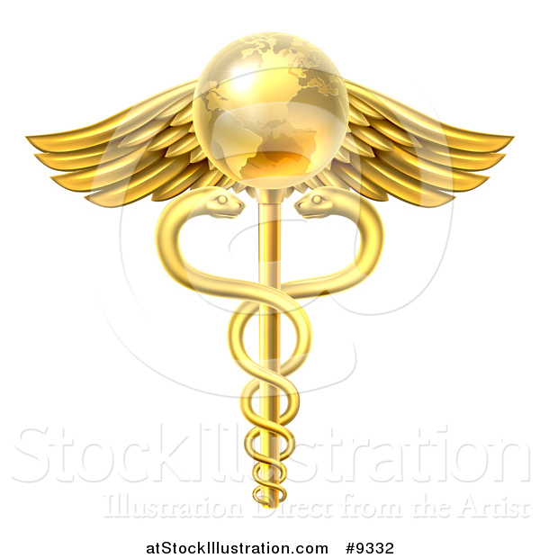 Vector Illustration of a 3d Gold Globe and Medical Caduceus with Snakes on a Winged Rod