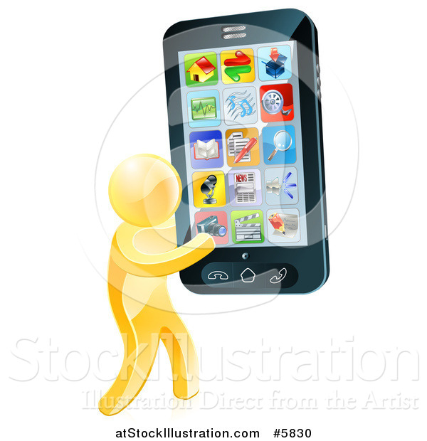 Vector Illustration of a 3d Gold Man Carrying a Giant Cell Phone with Apps