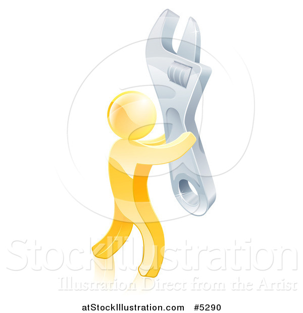 Vector Illustration of a 3d Gold Man Carrying a Giant Spanner Wrench