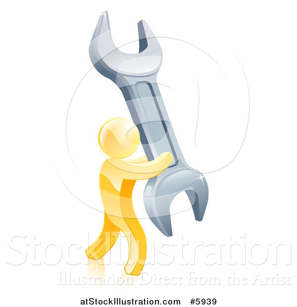 Vector Illustration of a 3d Gold Man Carrying a Giant Wrench