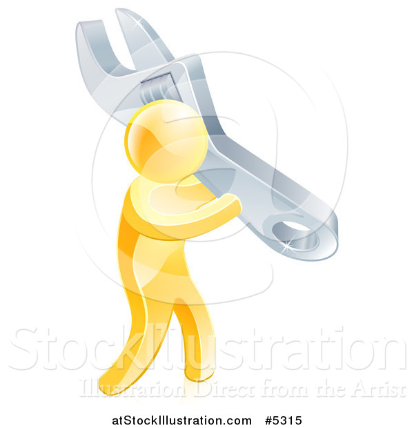 Vector Illustration of a 3d Gold Man Carrying a Huge Spanner Wrench