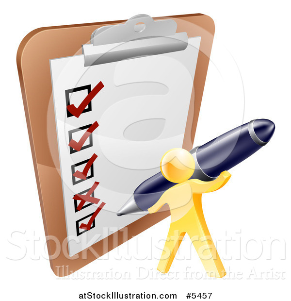 Vector Illustration of a 3d Gold Man Checking off a List with a Pen