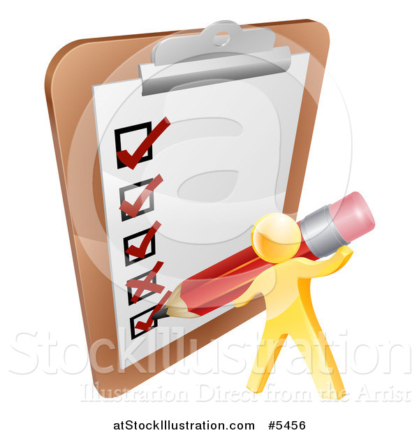 Vector Illustration of a 3d Gold Man Checking off a List with a Pencil