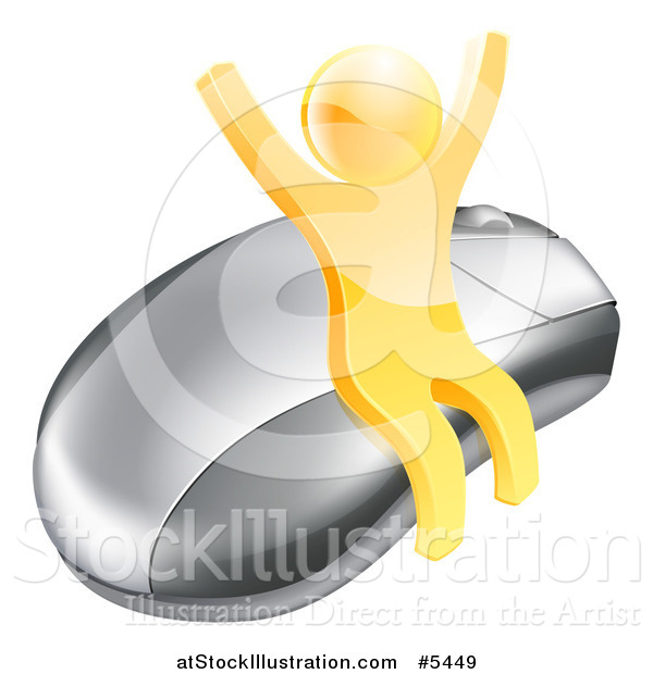 Vector Illustration of a 3d Gold Man Cheering and Sitting on a Computer Mouse