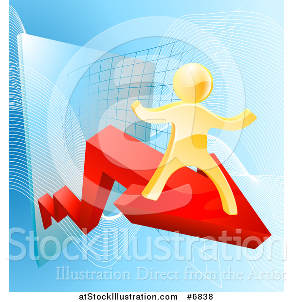 Vector Illustration of a 3d Gold Man Cheering on a Red Growth Arrow over Graphs on Blue
