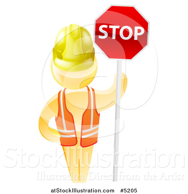 Vector Illustration of a 3d Gold Man Construction Worker Holding a Stop Sign
