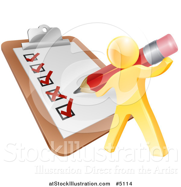 Vector Illustration of a 3d Gold Man Filling out a Survey on a Giant Clipboard