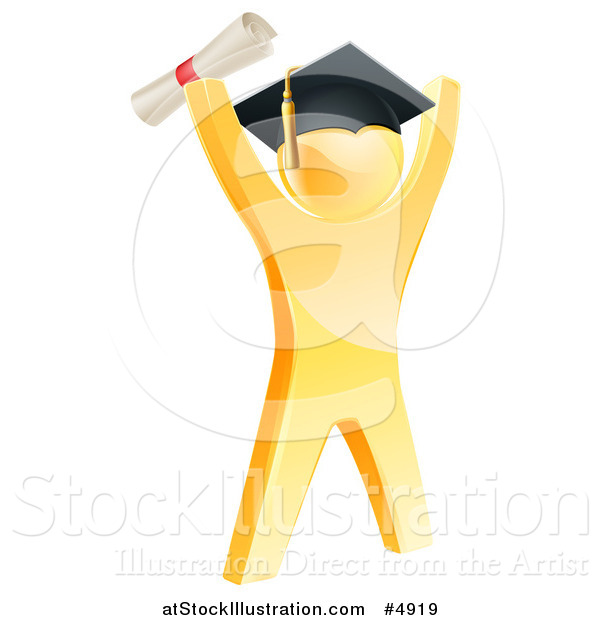 Vector Illustration of a 3d Gold Man Graduate Cheering with a Diploma