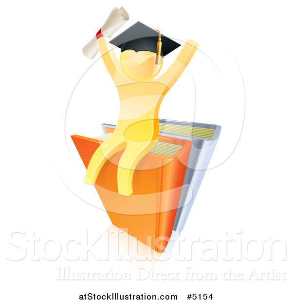 Vector Illustration of a 3d Gold Man Graduate with a Diploma, Cheering and Sitting on Books