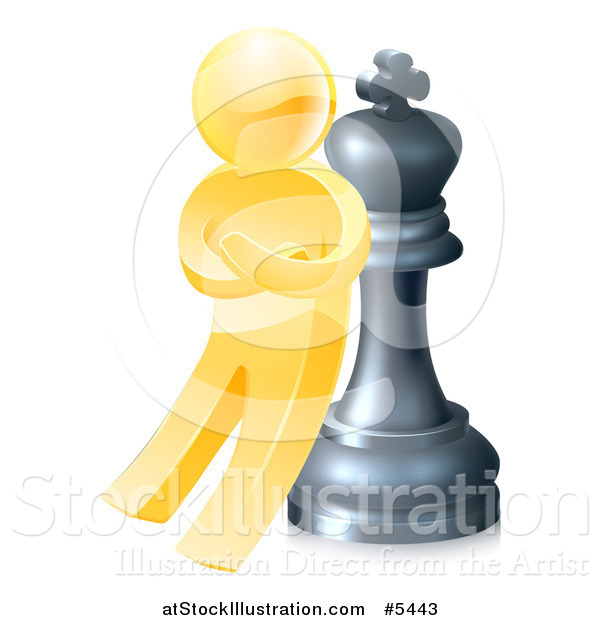 Vector Illustration of a 3d Gold Man Leaning Against a King Chess Piece