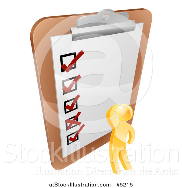 Vector Illustration of a 3d Gold Man Looking at a Giant Survey on a Clipboard