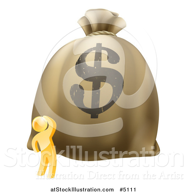 Vector Illustration of a 3d Gold Man Looking up at a Big Dollar Money Bag