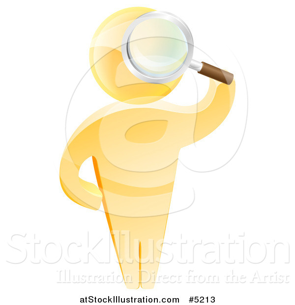 Vector Illustration of a 3d Gold Man Looking up Through a Magnifying Glass