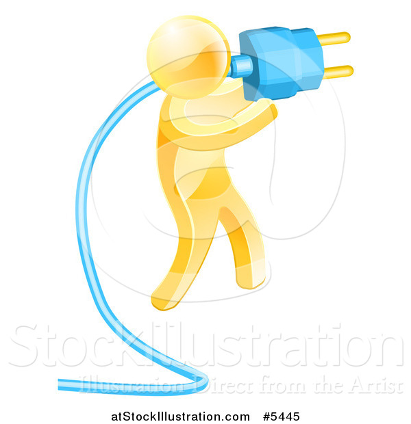 Vector Illustration of a 3d Gold Man Plugging in a Blue Cable