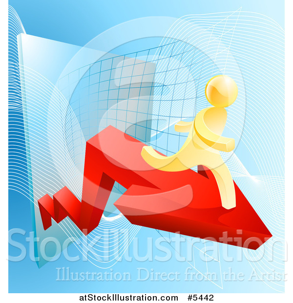 Vector Illustration of a 3d Gold Man Running on an Arrow over a Grid