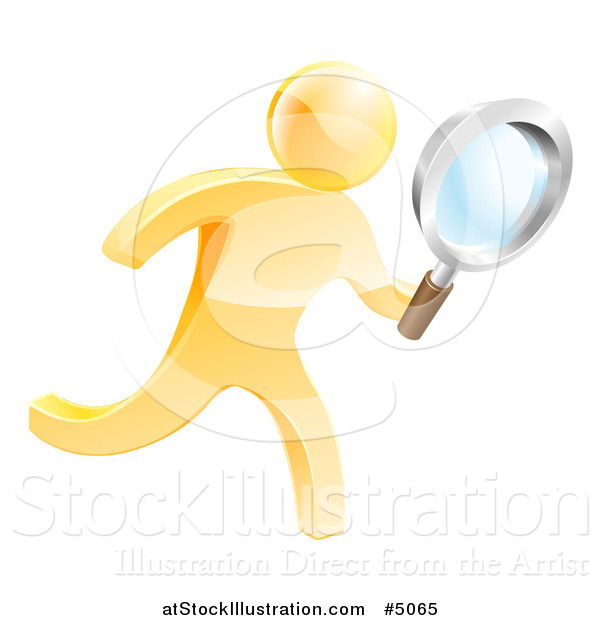 Vector Illustration of a 3d Gold Man Running with a Magnifying Glass