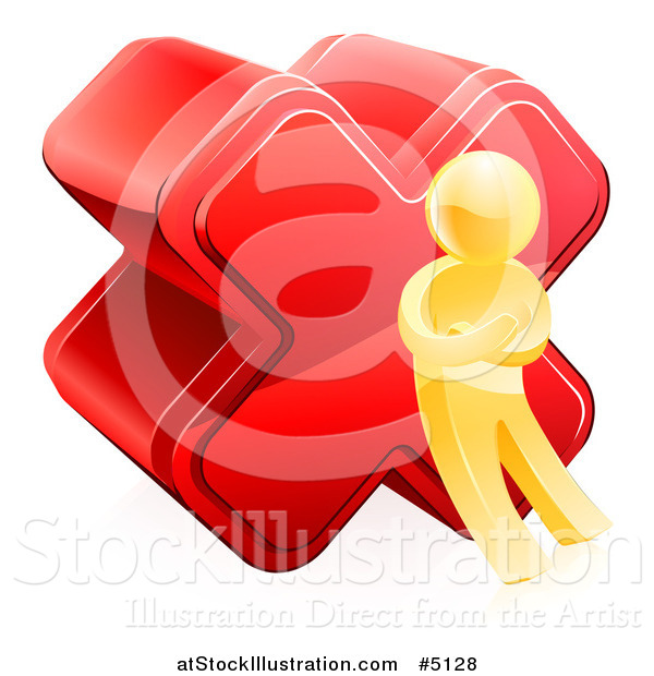 Vector Illustration of a 3d Gold Man with a Red Cross X Mark