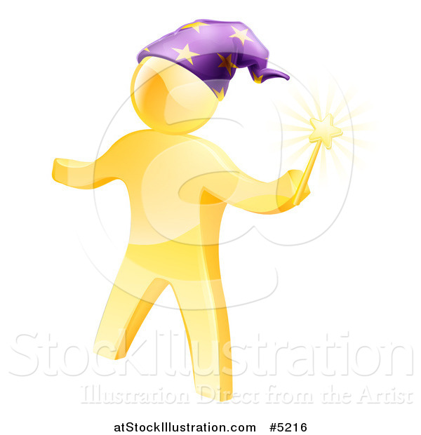 Vector Illustration of a 3d Gold Man Wizard with a Magic Wand