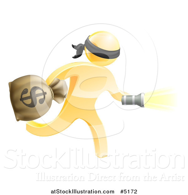 Vector Illustration of a 3d Gold Masked Robber Running with a Money Bag and Flashlight