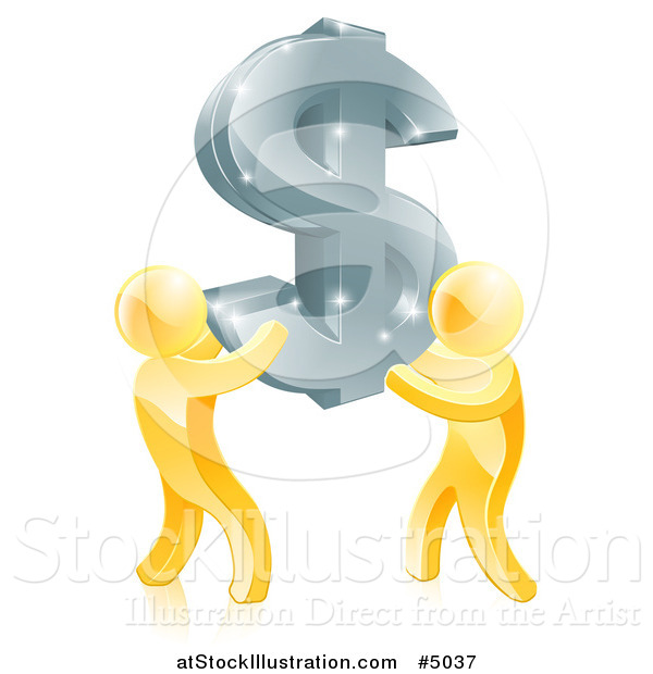 Vector Illustration of a 3d Gold Men Carrying a Silver Dollar Symbol