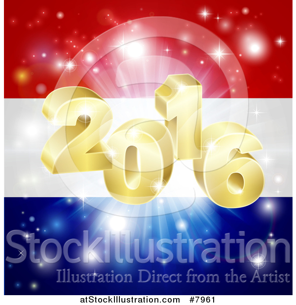 Vector Illustration of a 3d Gold New Year 2016 Burst over a Dutch Flag and Fireworks