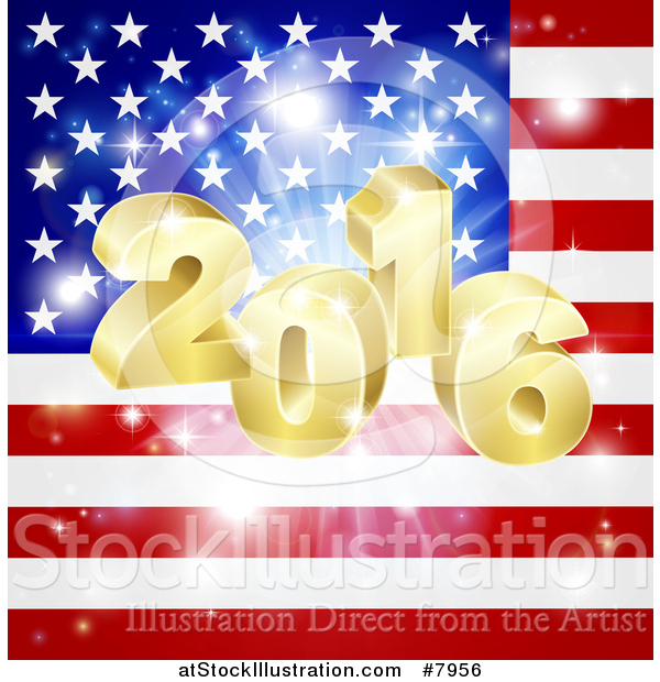 Vector Illustration of a 3d Gold New Year 2016 Burst over an American Flag and Fireworks