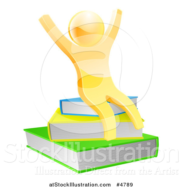 Vector Illustration of a 3d Gold Person Cheering and Sitting on a Stack of Books