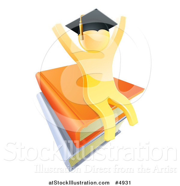 Vector Illustration of a 3d Gold Person Graduate Cheering and Sitting on a Stack of Books