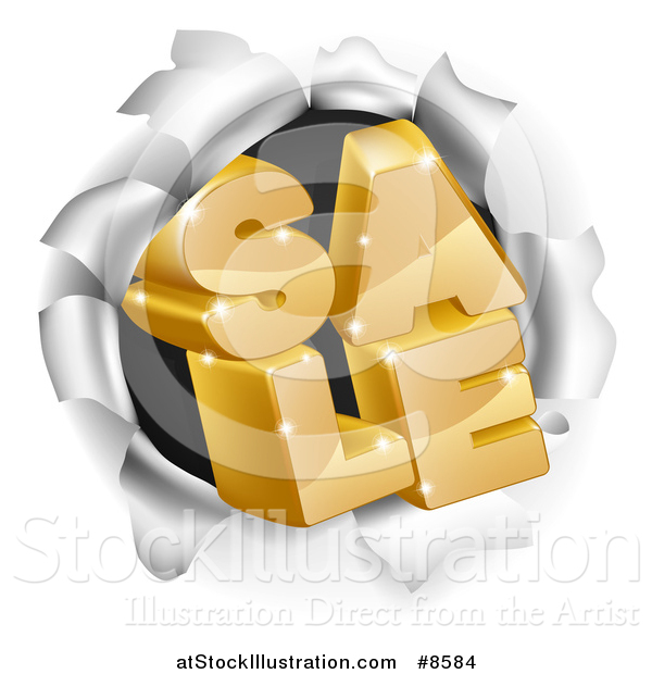 Vector Illustration of a 3d Gold Sale Text Breaking Through a Hole in a Wall