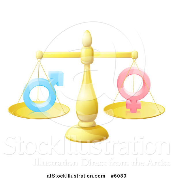 Vector Illustration of a 3d Gold Scale Balancing Gender Symbols