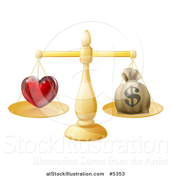 Vector Illustration of a 3d Gold Scale Weighing Love and a Money Bag