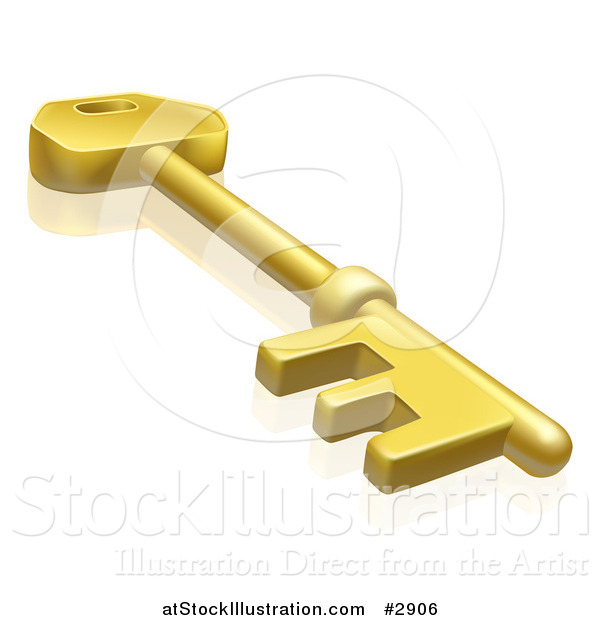 Vector Illustration of a 3d Gold Skeleton Key with a Reflection