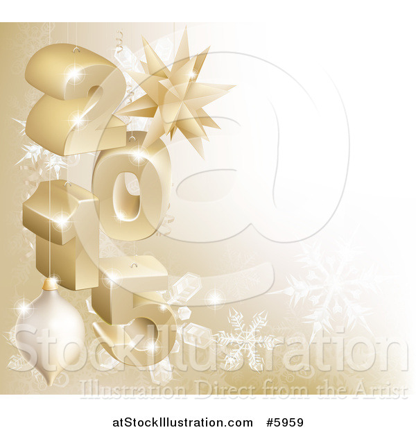 Vector Illustration of a 3d Gold Snowflake Background with Year 2015 and Baubles