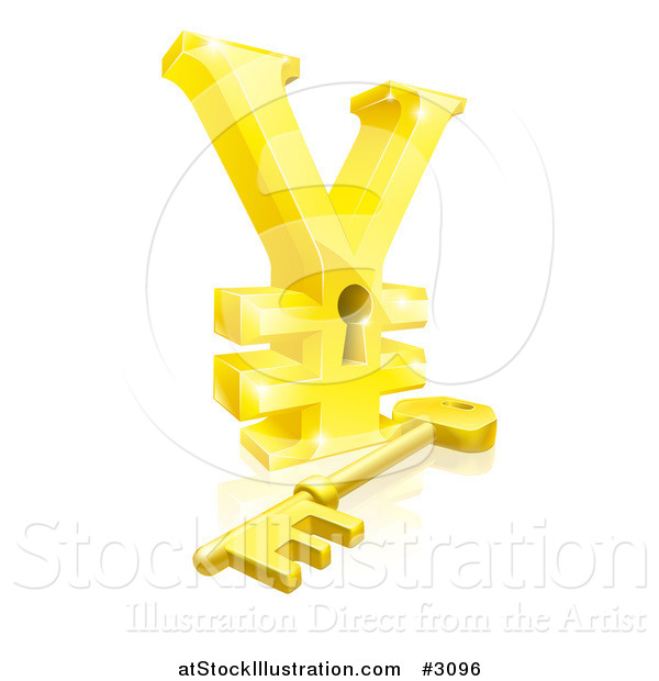 Vector Illustration of a 3d Gold Yen Lock with a Skeleton Key and Reflection