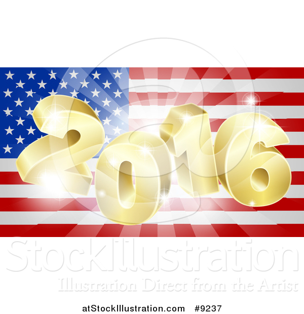 Vector Illustration of a 3d Golden 2016 Burst over an American Flag and Fireworks