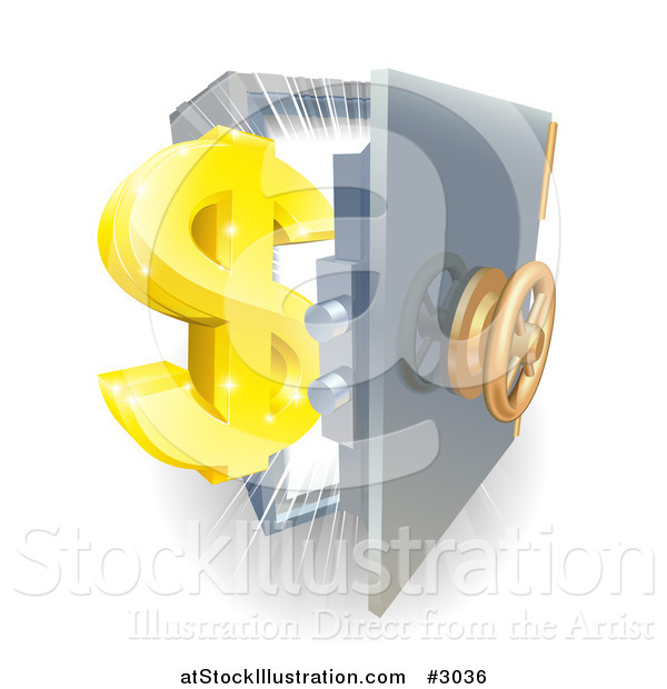 Vector Illustration of a 3d Golden Dollar Symbol and an Open Safe with Light