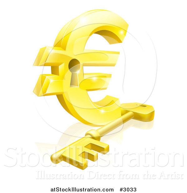 Vector Illustration of a 3d Golden Euro Symbol Padlock and Skeleton Key