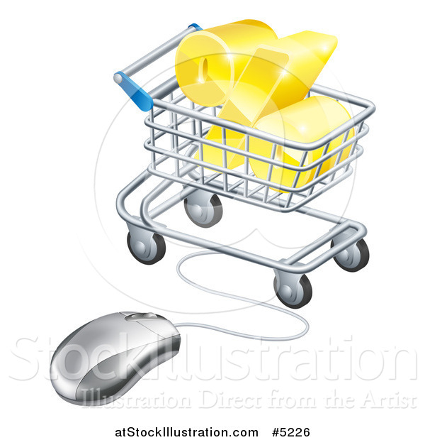 Vector Illustration of a 3d Golden Percent Discount Symbol in a Shopping Cart Wired to a Computer Mouse