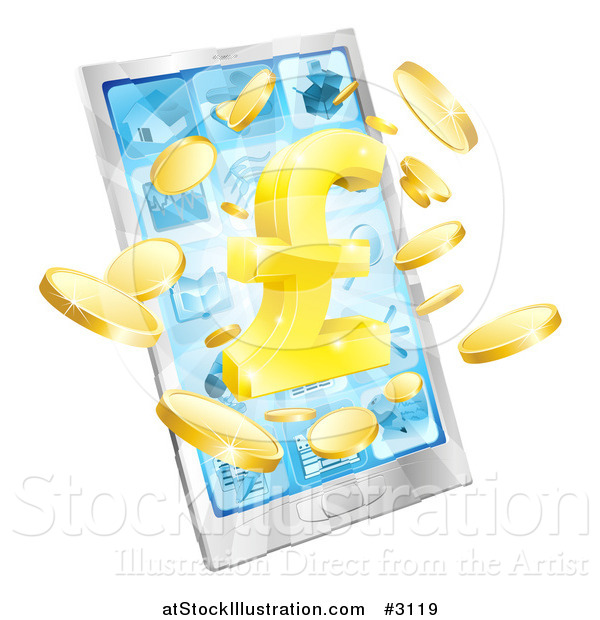 Vector Illustration of a 3d Golden Pound Symbol and Coins Bursting from a Cell Phone Screen