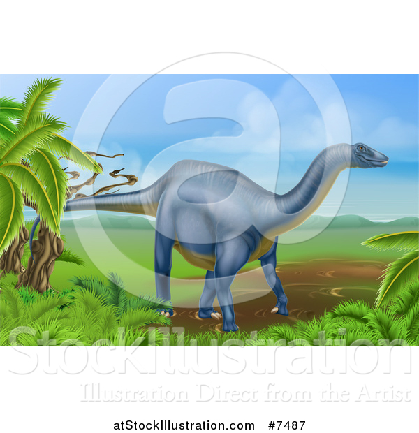 Vector Illustration of a 3d Grayish Blue Diplodocus Dinosaur in a Landscape